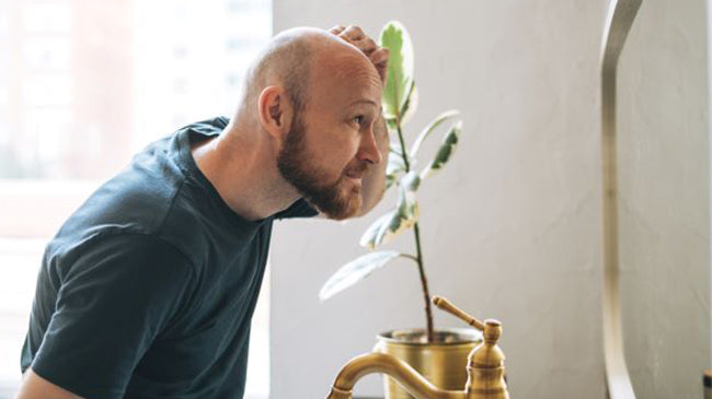 bald man looking in the mirror, balding, no hair, hair loss